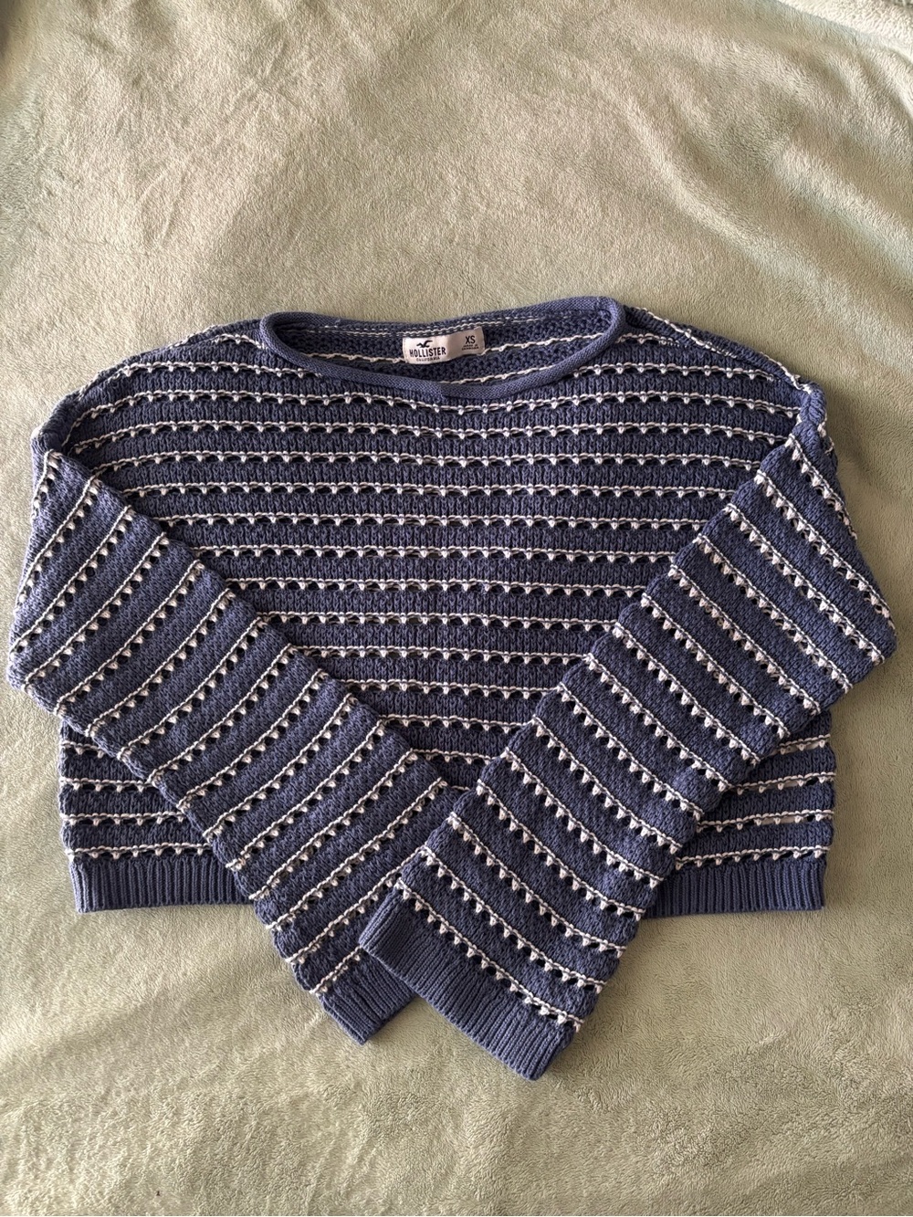 Hollister Blue and White Cropped Striped Sweater